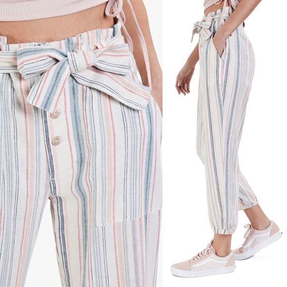 Indigo Rein Linen Blend Belted Paperbag Jogger Pants, Size XL - Picture 3 of 12